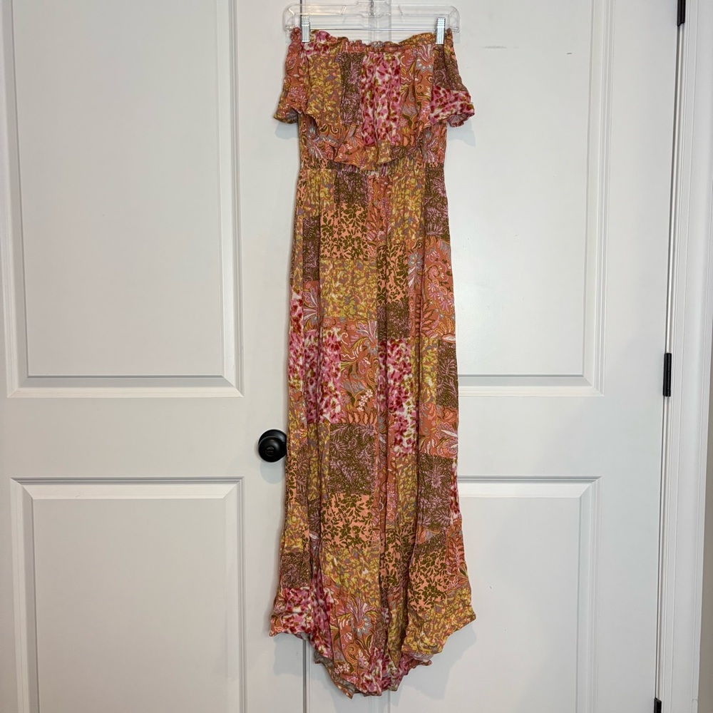 Illa Illa Pink Multi Strapless Smocked Wide Leg Ruffle Jumpsuit S